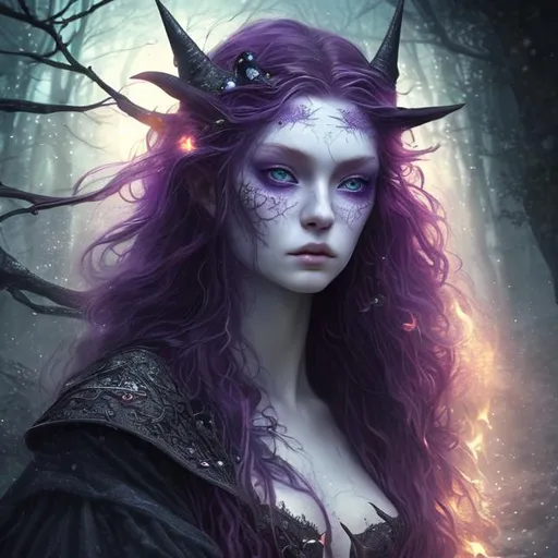 Prompt: Detailed and mystical portrait of a young beautiful witch with ivory clear skin, long flame red hair and deep purple eyes. Perfect female body,, night light, dramatic, magical, fantasy, 8k, high detailed, dramatic light