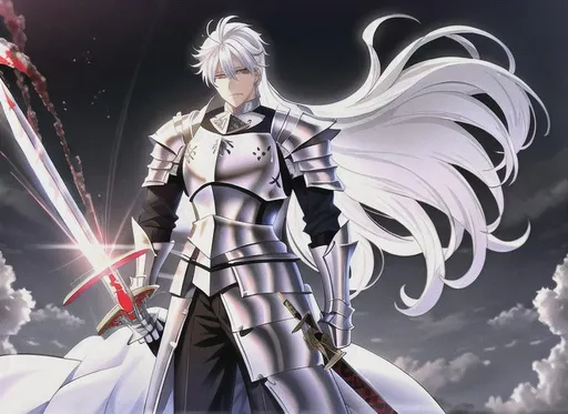 Prompt: Diamon white armored Male Knight with white hair, victoriuos, holding a bloody sword, 8k, hyperdetailed, best quality, Arena