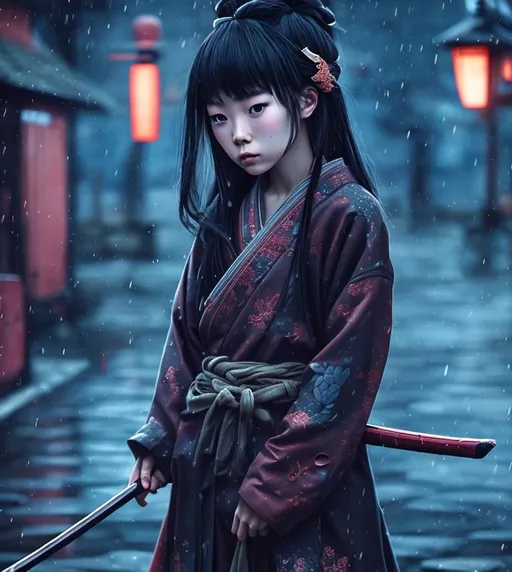 Prompt: samurai girl, steanpunk style, hyperrealistic, dark colors, rainy scenery