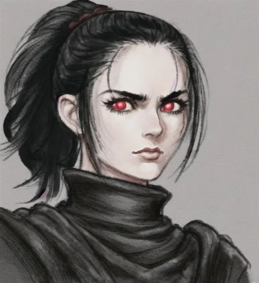 Prompt: Female with black hair, pony tail, portrait, red eyes, 4k, hyperrealisitic, royal princcess, berserk, game of thrones