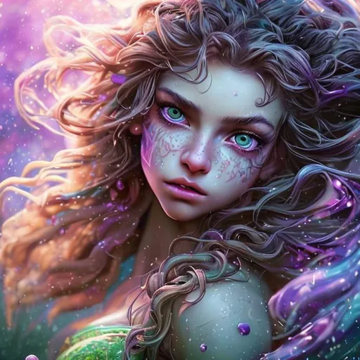 Prompt: Splash art masterpiece of a female posing young fairy woman with ((hyperdetailed wild hair)) and ((hyperdetailed green eyes)) and beautiful hyperdetailed feminine soft face and big lips, backlit, intricately hyperdetailed hair subsurface scattering, showing a little cleavage and visible abdominal muscles, abs, toned body, bokeh purple lavender field background, cinematic lighting, backlight, action shot, intricately hyperdetailed, perfect face, perfect body, perfect anatomy, hyperrealistic, sharp focus, dark fantasy, volumetric studio lighting, occlusion, ultra-realistic, 3d lighting, beauty, sensual feminine romance, professional, sensual feminine, perfect composition, unreal engine 8k octane, 3d lighting, UHD, HDR, 8K, render, HD, trending on artstation, front view, 