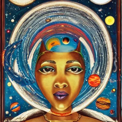 Prompt: a highly detailed spiritual, empowered woman in space with energy radiating from her body, stars and planets around.