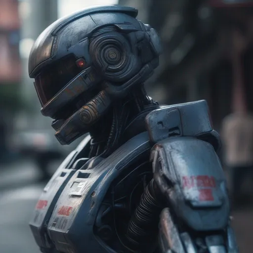 Prompt: A ultra realistic robocop in São Paulo, jet fighter paint, cinematic, ultra detailed, high definition, very complex build, cyberpunk aesthetic, epic cinematography, weathered, beaten, old. realistic photography   