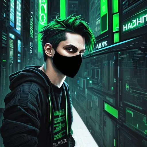 Prompt: Portrait of {a male hacker} with {green and black} hair, {emerald green} eyes, {black and green}sweatshirt, {black}mask, {city background}, perfect composition, hyperrealistic, super detailed, HD, high quality, trending art, trending on artstation, sharp focus, studio photo, intricate details, highly detailed, by greg rutkowski
