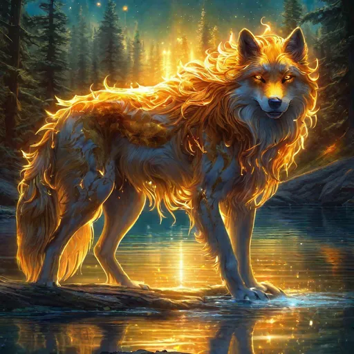 Prompt: Insanely beautiful (canine quadruped) that is glowing, thick golden mane, on two legs, translucent, luminescent, illusion, glistening fiery mane, glows like the sun, flaming red eyes, majestic wolf face, energetic fox, in a magical forest near a lake, sunrise, beneath the stars, crystal lake, corona, glowing outline, waterfall, bioluminescent, highres, best quality, concept art, epic digital art, intricately detailed, cinematic, 8k eyes, highly detailed eyes, highly detailed, 64k, vibrant, UHD, professional, intricately detailed background