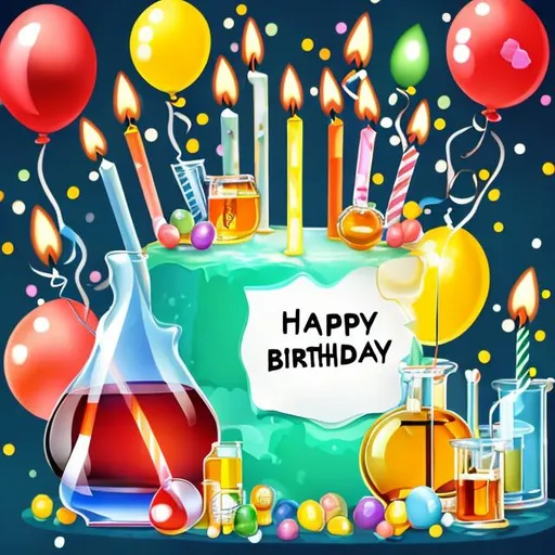 Prompt: Happy Birthday graphic with chemistry theme