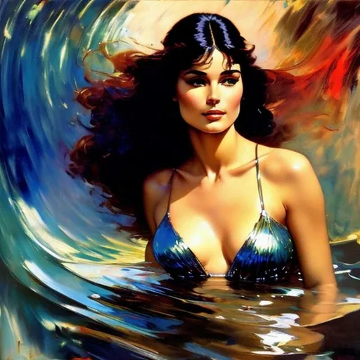 Prompt: frank frazetta, Druillet, john williams waterhouse, herbert james draper, Attractive on the surface of the water mermaid goddess,  siren song, flowy black hair,  high contrast, colorful polychromatic, ultra detailed, ultra quality, depth of field, full body portrait, romantic oil painting, mid drift, 