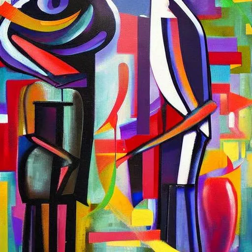 Prompt: abstract art that represents the pain and struggles in a man and woman relationship. tension, arguing, loss of communication