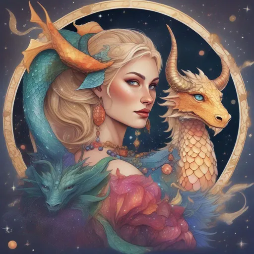 Prompt: A colourful and beautiful Persephone, she is a dragon woman, with scales for skin, horns and blond and gems for hair with a dragon tail, in a painted style. Standing with her is a Griffin. Framed by constellations and the moon