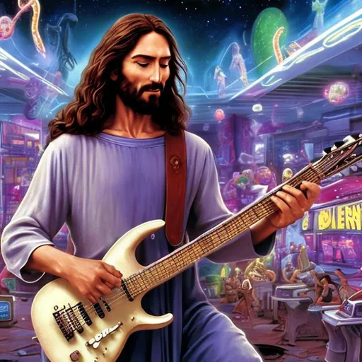 Prompt: Jesus playing a double-necked Guitar for spare change in a busy alien mall, widescreen, infinity vanishing point, galaxy background, surprise easter egg
