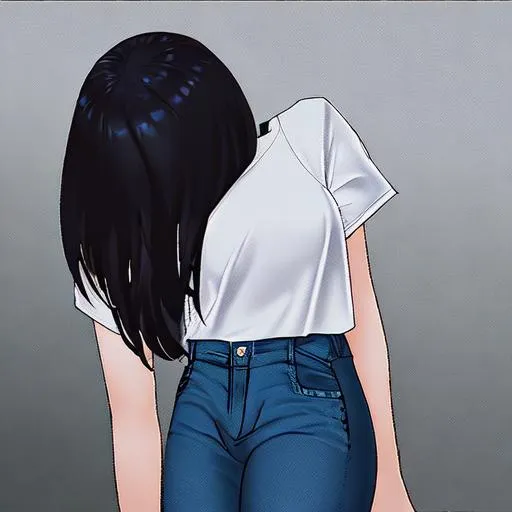 Prompt: girl with dark hair a plane white t-shirt with jeans