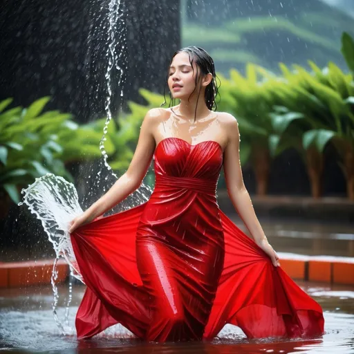 Prompt: photo of young woman, soaking wet clothes, Bare, Red formal dress, Red formal dress,  , ,   enjoying, water dripping from clothes, clothes stuck to body,  detailed textures of the wet fabric, wet face, wet plastered hair,  wet, drenched, professional, high-quality details, full body view.