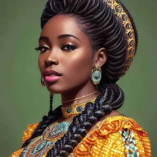 Prompt: Intricately detailed front facing full body picture, beautiful black skinned African Nigerian women with intricately braided hair, fantasy art 4K, digital painting, digital illustration, extreme detail, digital art, ultra hd, vintage photography, beautiful, tumblr aesthetic, retro vintage style, hd photography, hyperrealism, extreme long shot, telephoto lens, motion blur, wide angle lens, deep depth of field, warm, anime Character Portrait, Symmetrical, Soft Lighting, Reflective Eyes, Pixar Render, Unreal Engine Cinematic Smooth, Intricate Detail, anime Character Design, Unreal Engine, Beautiful, Tumblr Aesthetic