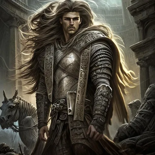 Prompt: Epic, Heroic, fantasy, ominous, cinematic lighting, 3D, HD, [{Rugged Handsome!}Male with {Long brown hair with gray highlights}, wearing armor with intricate skulls, Beautiful big eyes], {Greek}mythology, mist, expansive ancient Greek background, hyper realistic, uber detailed, 64k, high quality, sharp focus, intricate details, highly detailed --s98500