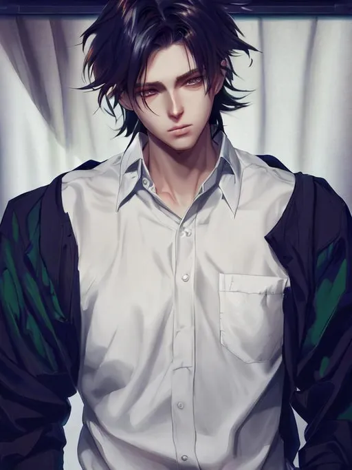 Prompt: illustration art, front, modern fashion, epic Instagram, artstation, hyperdetailed, unreal engine, modern anime anime style, complementary colors, 8k, deviantart masterpiece, oil painting, heavy strokes, young man, messy curtains hair, green pear eyes, crossing his arms, collared shirt, tight sleeve shirt