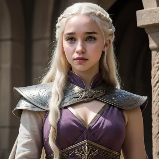 Prompt: hyper-realistic human young woman in her early teens, Daenerys has the classical Valyrian look; She has violet eyes, pale skin, and long, pale silver-gold hair. She is beautiful, Daenerys is slender of frame, with small chest. She is said to resemble Queen Naerys Targaryen, though Daenerys is taller and stronger.,  fantasy character art, illustration, dnd,