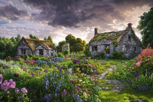 Prompt: long shot scenic professional photograph of ruined cottage in a garden, perfect viewpoint, highly detailed, wide-angle lens, hyper realistic, with dramatic sky, polarizing filter, natural lighting, vivid colors, everything in sharp focus, HDR, UHD, 64K