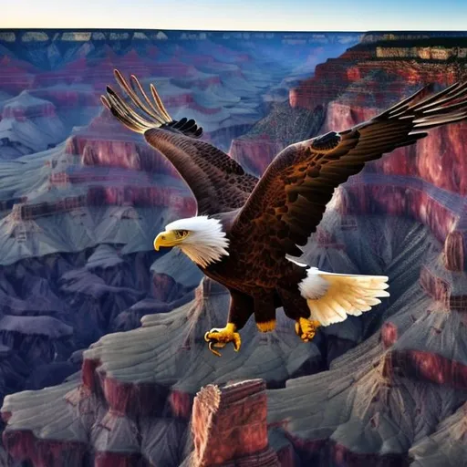 Prompt: An eagle with an open beak, flying on the cliff face of the Grand Canyon. peaceful, natural lighting, bright, beautiful, realistic 