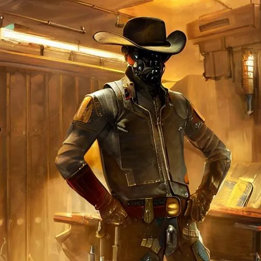 Prompt: cowboy looking to camera wearing gas protection suit indoor cyberpunk bar, digital paint, 8k, hd, by Eddie Mendoza