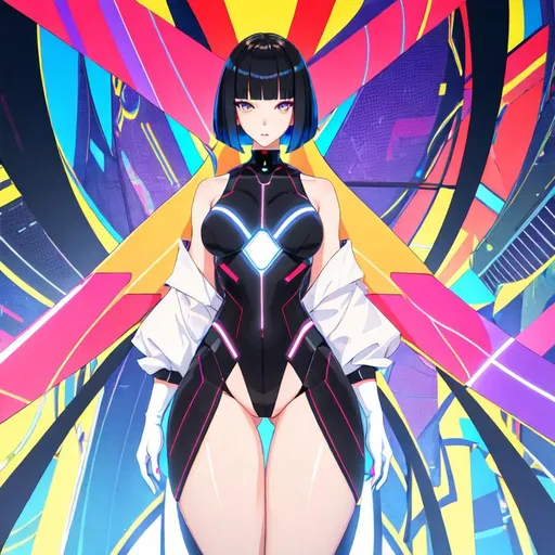 Prompt: a lonely AI girl, very tall, thick thighs, wide hips, long legs, slender waist, big symmetrical eyes, aloof expression, bob haircut with bangs, colorful Pop art style, 12K resolution, hyper quality, hyper-detailed, depth of field