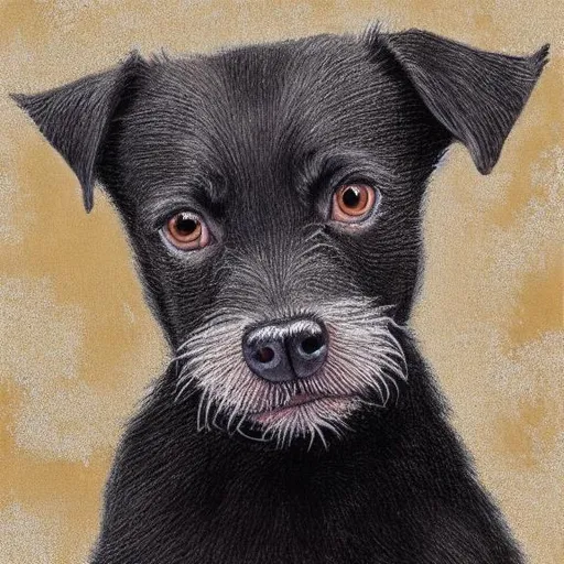 Prompt: A black and white, rough coat patterdale terrier puppy, detailed, painting, pastel background
