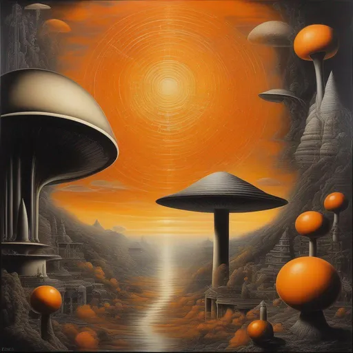 Prompt: an orange house cat, orgonite pyramids, mushroom cloud, by H. R. Giger, by Dr. Seuss, 