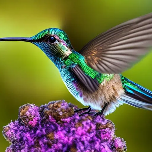 Prompt: Image of a hummingbird in its natural habitat, with a wild, exotic, lush, verdant, and environmental feel. Use a telephoto lens on a tripod, shoot during golden hour, aim for a landscape-style photo, and use a blurred background to isolate the subject.