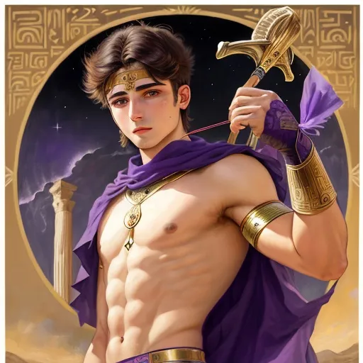 Prompt: Mesopotamia, ancient greece, celestial, young man holding a bow, violet eyes