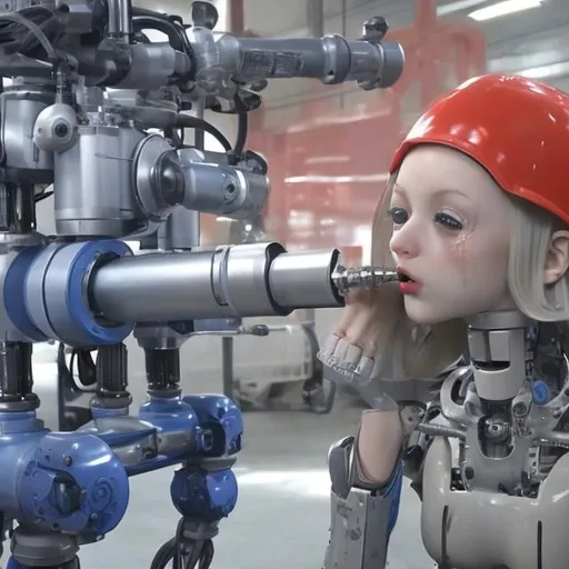 Prompt: pneumatic cylinder being shoved into to robot girls mouth