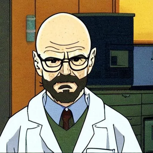 Prompt: walter white cooking methamphetamine with his mask off 90s anime style