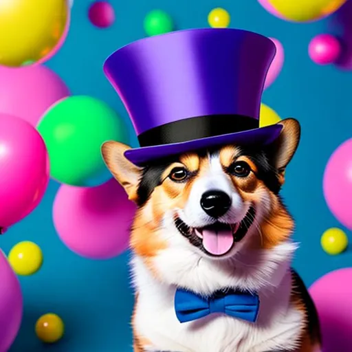 Prompt: Corgi wearing a top hat color pop bright colors painting realistic, product shot 4k