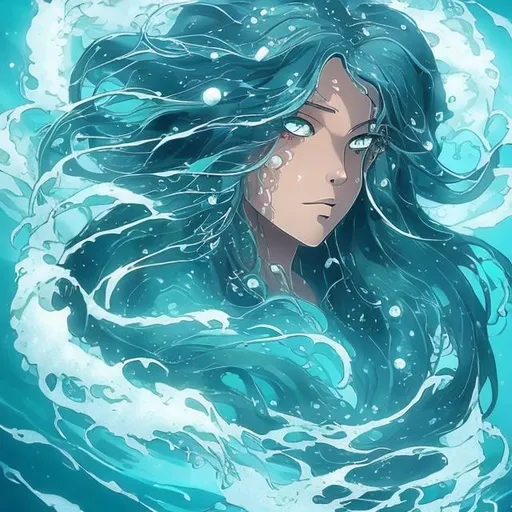 Prompt: A beautiful ocean spirit half in the water with only her eyes peeking out and her long flowing hair around her