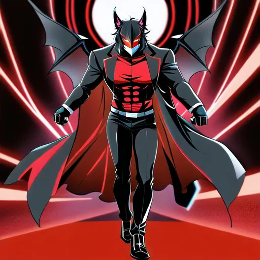 Prompt: A man villain demon that looks like a hero  full body, high quality, high definition with a dark wolf patterned full face mask 