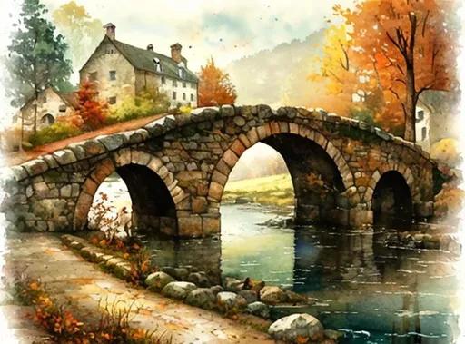 Prompt: Old stone bridge over river  with bridge reflected in the river, old farm house, trees with autumn leaves, watercolor style of Steve Hanks, Georgia O'Keefe, Thomas Kinkade