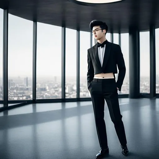 Prompt: crop top black long sleeve business suit and a black necktie, bare midriff, bare navel, black suit pants, man, 22-years old, abs, really long hair, looking around, looking left hand on forehead, outside, hdr, 4k, photo, vibrant, amazing cinematography, amazing lighting,