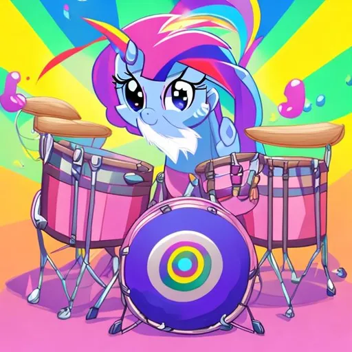 Prompt: In the style of my little pony, A long haired pony with a long beard generating rainbows and playing drums on a drum set loudly.
