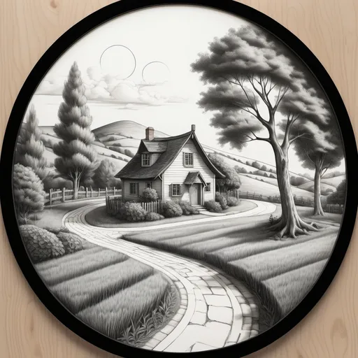 Prompt: Here’s a prompt based on the image:

*"A black and white pencil sketch of a peaceful countryside scene inside a circular frame. A winding path leads to a small cozy house with a slanted roof and a single window. A wooden fence runs alongside the road, curving gently with the landscape. A large tree with detailed shading stands in the foreground, while tall palm trees and distant hills add depth to the background. A full moon or sun is visible in the sky, partially obscured by tree branches, with birds flying across the horizon. The shading creates a soft, dreamy effect, giving the sketch a calm and serene atmosphere."*

Let me know if you'd like any modifications!