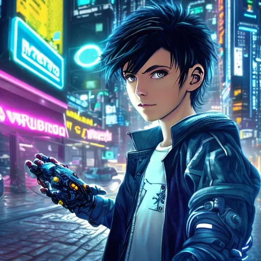 Prompt: 13 year old black haired white boy with a robotic arm in a cyberpunk world