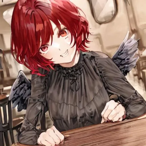 Prompt: Girl with short red hair and black wings leaning on table and smiling deviously