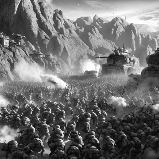 Prompt: monochrome, scifi military battle crowd charge, mountain valley