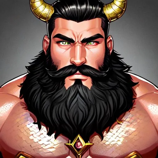 Prompt: hyper-muscular super handsome, hyper-masculine, amazing, golden-pink skinned alien male adult gods, scaly reptilian skin, iridescent colored scales, silver-black hair and bright green sparkly beards, realistic, accurate fine facial features, dynamic, defined, confirmed, conformed, fabulous, gorgeous, cropped beard, bald head, ebony black steer horns on head