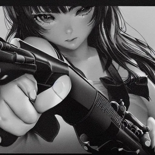 Prompt: Close up, girl, pointing a gun, illustration in black and white , cinematic portrait