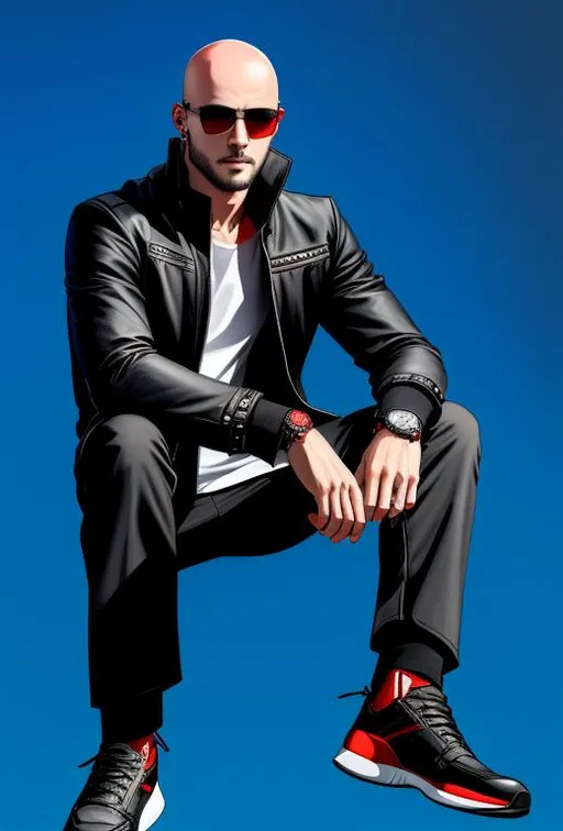 Prompt: half body male, sunglasses, big, masculine, wearing black_and_red, bald_head, (pleasant_face), intricate detail, asymmetrical eyes, hyperrealism, HD, 4K, dynamic lighting