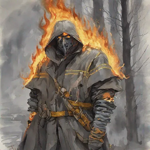Prompt: Ein männlicher Feuerbändiger mit einer dunklen Robe und gelben Augen und grauen Haaren der in mitten von Feuer steht.