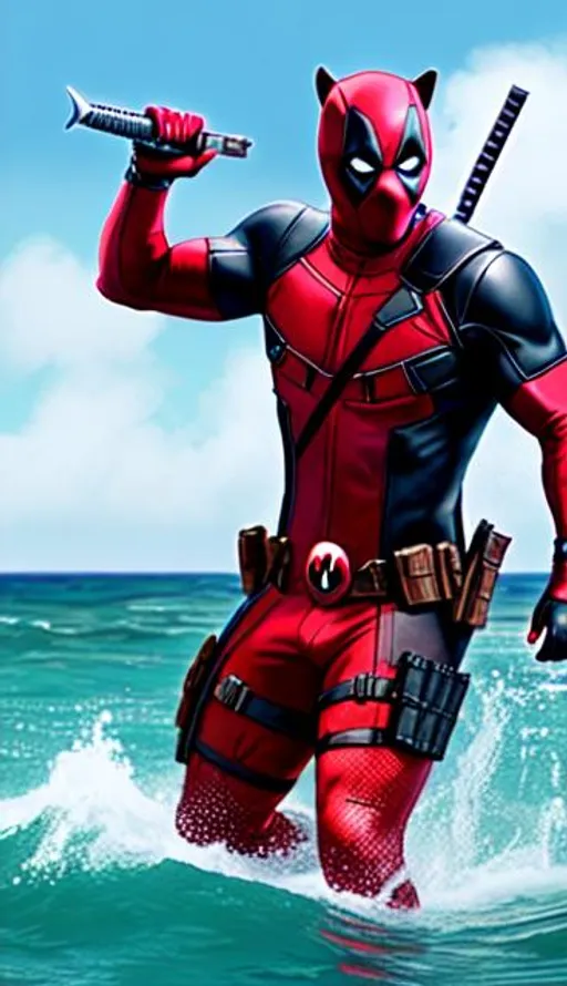 Prompt: Deadpool as Killer Shark. confident professional. derisive expression. sharp crisp detail. Very realistic, 8k resolution. 