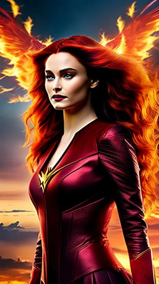 Prompt: High-resolution hyperrealistic photo of the dark phoenix merged with the scarlet witch, scarlet, ruby and gold costume, uhd, hdr, 64k