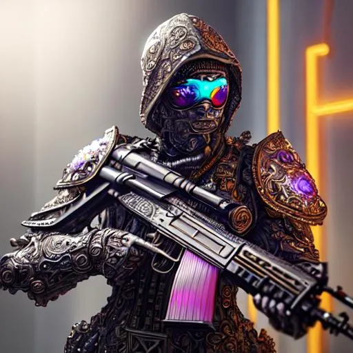 Prompt: ultra quality. hyper realistic AK-47, intricate silver, intricate brown and orange, neon armor, ornate, cinematic lighting, floral, symetric, portrait, statue cyberpunk, abstract, full hd render + 3d octane render +4k UHD + immense detail + dramatic lighting + well lit + black, purple, blue, pink, cerulean, teal, metallic colours, + fine details + octane render + 8k, abstract