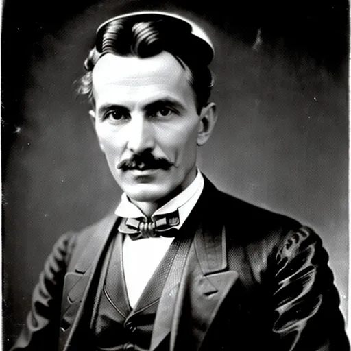 Prompt: Nikola Tesla black and white looking like he has an idea
