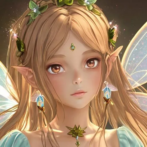 Prompt: fairy goddess, light tan/brown colors, closeup