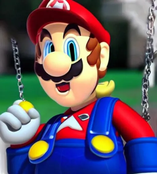 Prompt: Super Mario Mario wearing a cool awesome looking necklace
